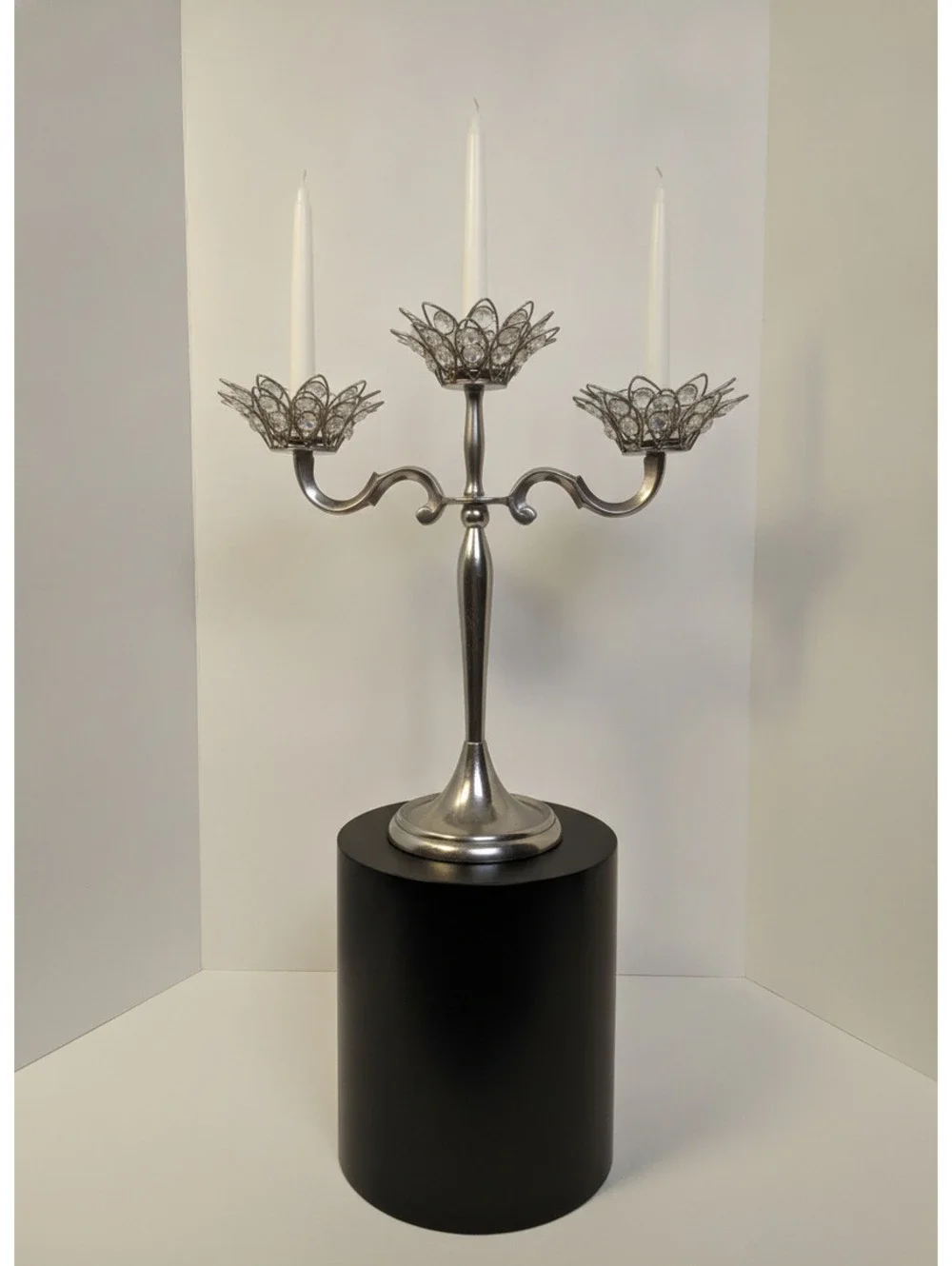 Elegant 3-Arm Silver Metal Candelabra with Crystal Beaded Flower Cups